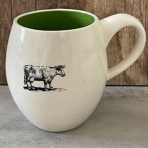 Vintage RARE Rae Dunn Farm Line Cow No Script Mug Green Interior Rounded Handle